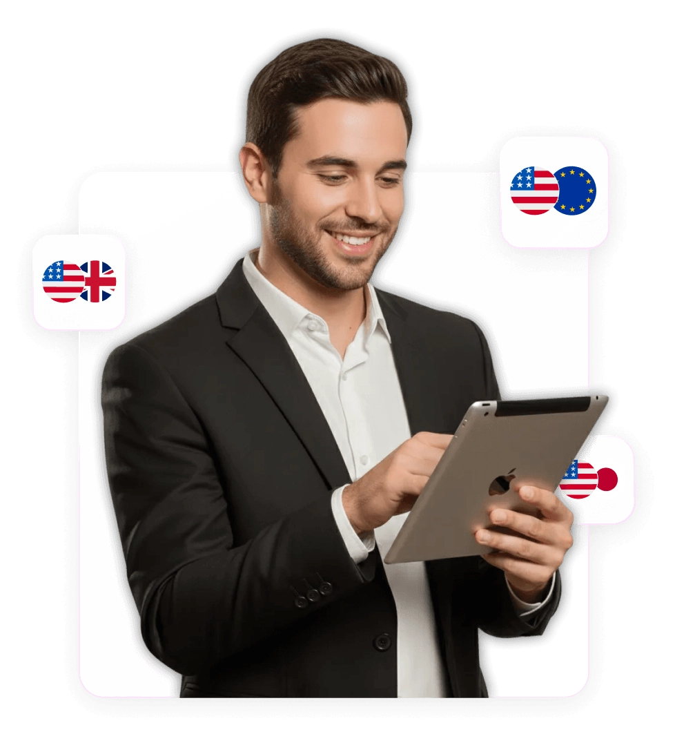 Hombre de negocios sonriendo con una tableta, por si prefieres hablar con alguien en vivo.