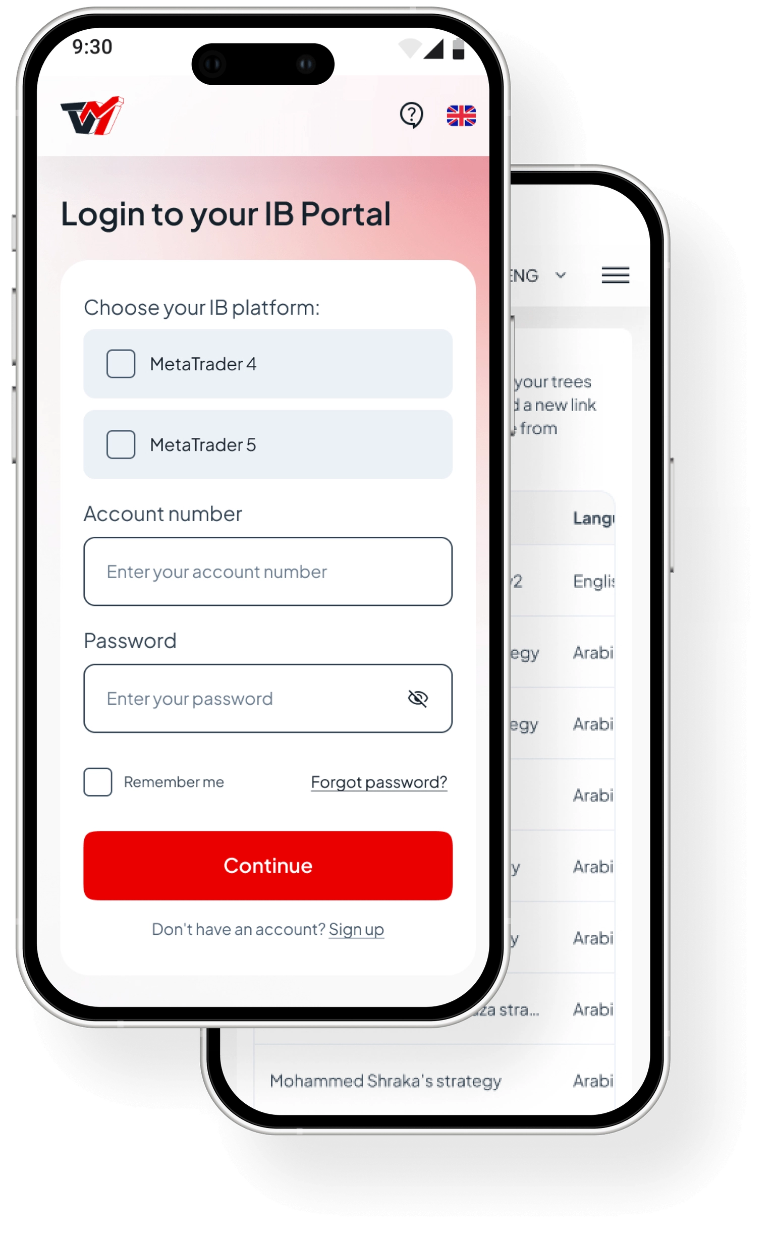 Dos móviles con el portal de inicio de sesión, mostrando cómo ser un IB en 3 sencillos pasos.