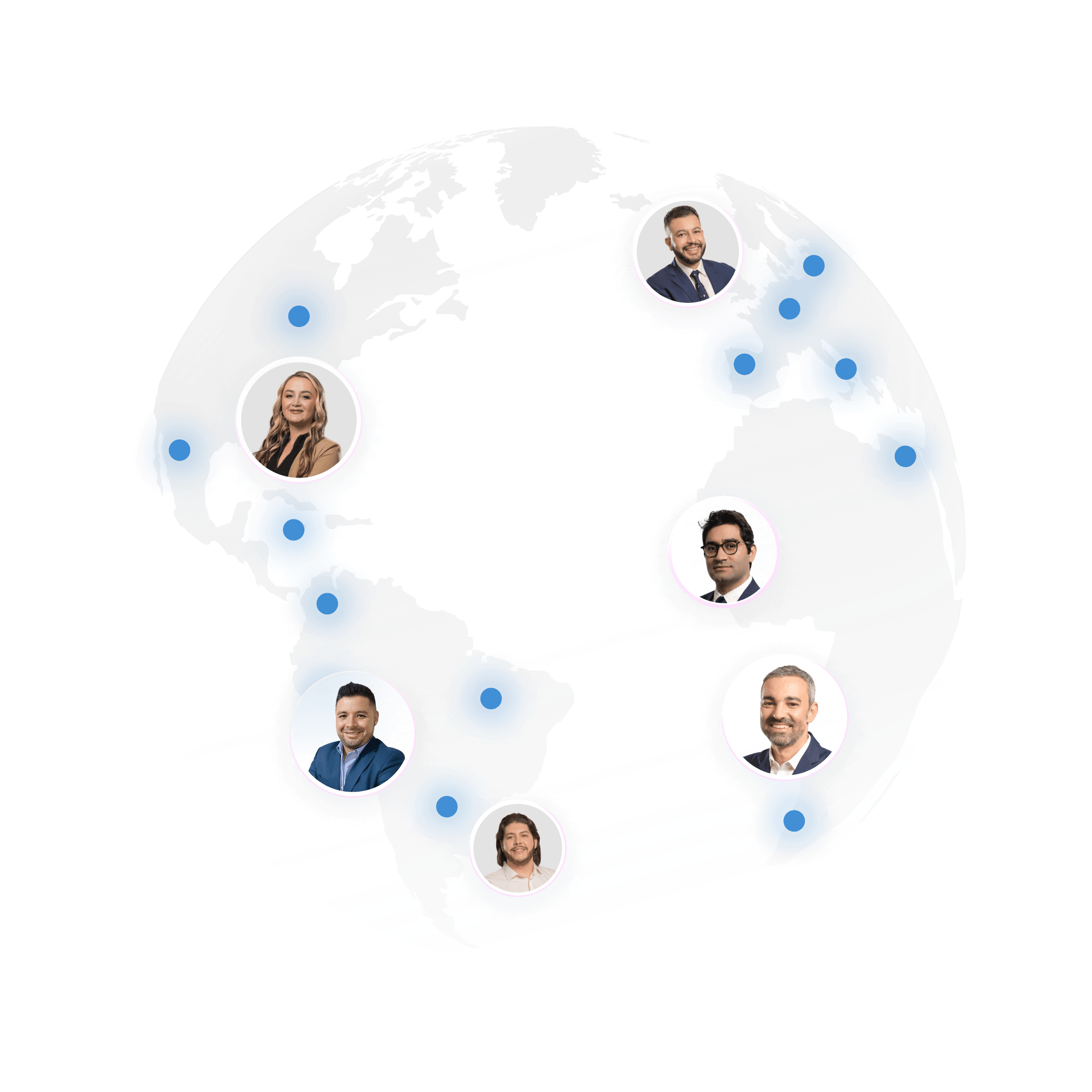 Globo terráqueo 3D con fotos de perfil que demuestra que somos confiables para IBs mundiales.